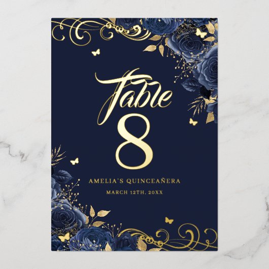 Rose Swirl Navy Quinceanera Gold Table Number  Folie Uitnodiging (Voorkant)