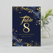 Rose Swirl Navy Quinceanera Gold Table Number  Folie Uitnodiging (Staand Voorkant)