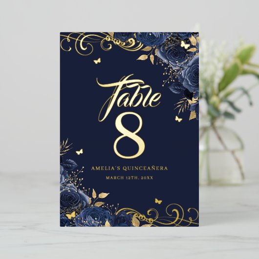 Rose Swirl Navy Quinceanera Gold Table Number Folie Uitnodiging (Staand Voorkant)
