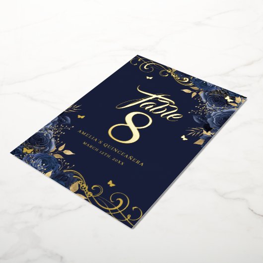 Rose Swirl Navy Quinceanera Gold Table Number Folie Uitnodiging (Gedraaid)