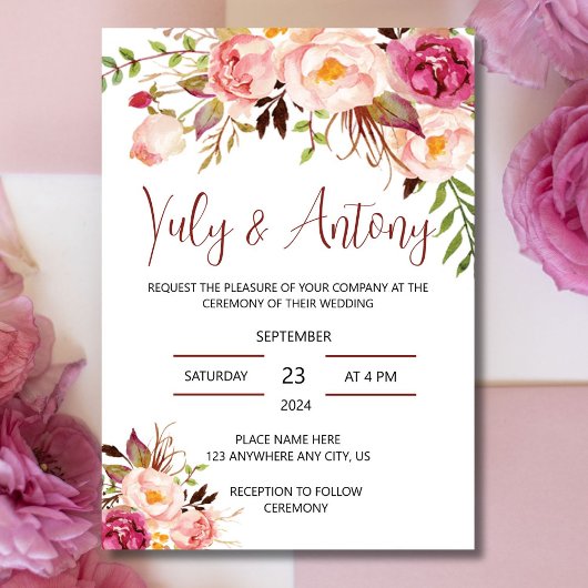 Rose template Invitación para boda floral acuarela Kaart