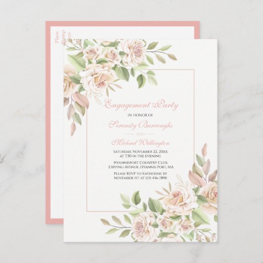 Rose Watercolor  Pink Floral Engagement Party Uitnodiging Briefkaart (Voorkant / Achterkant)