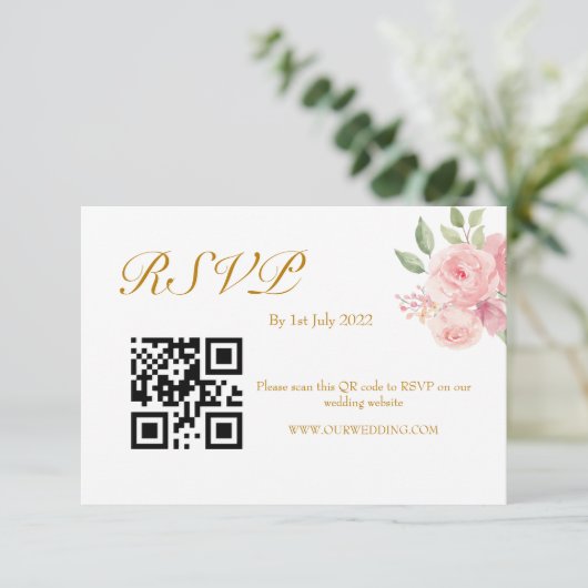 ROSE Watercolor QR-code RSVP Kaartje (Staand voorkant)