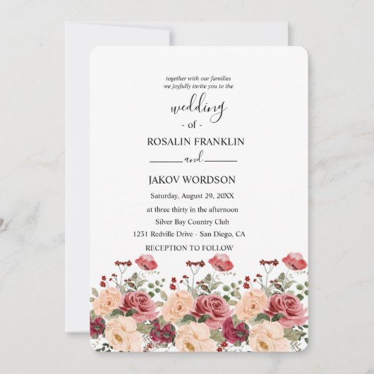 rose watercolor wedding Invitation Kaart (Voorkant)