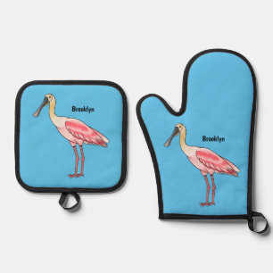 Roseate lepel vogel cartoon ovenwant & pannenlap set