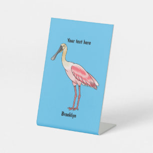 Roseate lepel vogel cartoon reclamebord met voetstuk