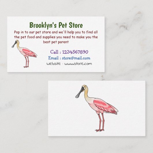 Roseate lepel vogel cartoon visitekaartje (Voorkant / Achterkant)