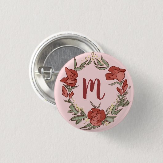  Rosebud Blossom Wreath Modern Monogram Ronde Button 3,2 Cm (Voorkant /achterkant)