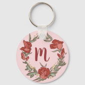  Rosebud Blossom Wreath Modern Monogram Sleutelhanger (Voorkant)
