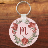  Rosebud Blossom Wreath Modern Monogram Sleutelhanger (Voorkant)