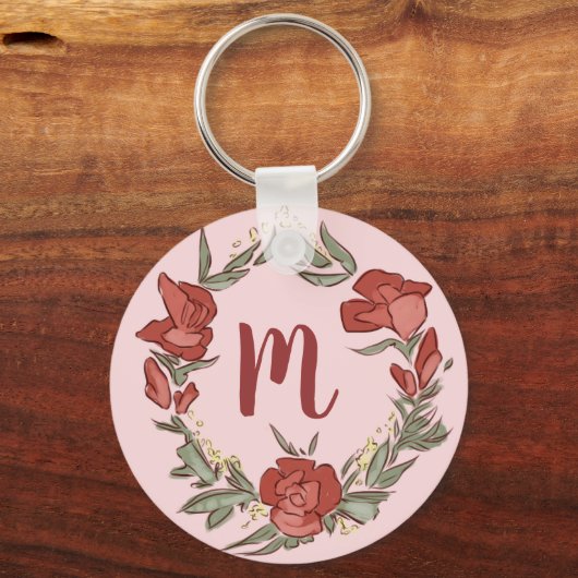  Rosebud Blossom Wreath Modern Monogram Sleutelhanger (Voorkant)