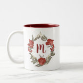  Rosebud Blossom Wreath Modern Monogram Tweekleurige Koffiemok (Links)