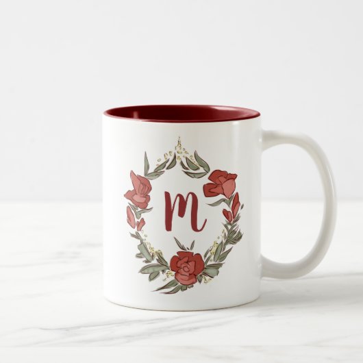  Rosebud Blossom Wreath Modern Monogram Tweekleurige Koffiemok (Rechts)