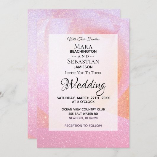 *~* Rosebud Faux Glitter Roze Perzik Huwelijk Kaart (Voorkant / Achterkant)