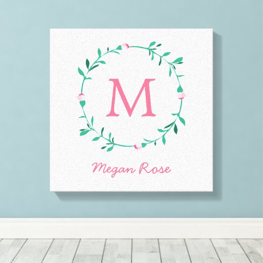 Rosebud Krans Roze & Groene Naam Kwekerij Kunst Canvas Afdruk (Insitu (Houten vloer))