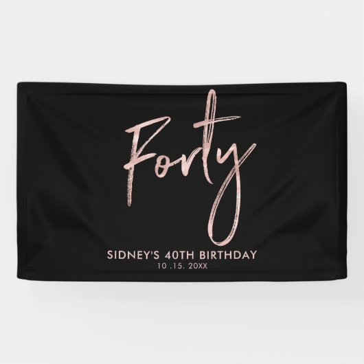 RoseGold Black 40th Birthday Party Welkomstbanner Spandoek (Horizontaal)