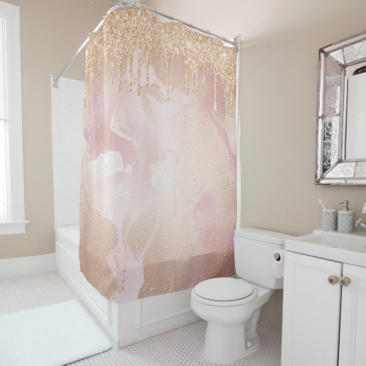 Rosegold Blush marble met Gold Glitter Droplets Douchegordijn (In situ)