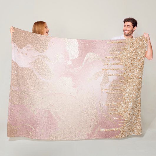 Rosegold Blush marble met Gold Glitter Droplets Fleece Deken (In situ)