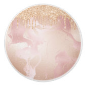 Rosegold Blush marble met Gold Glitter Droplets Keramische Knop (Voorkant)