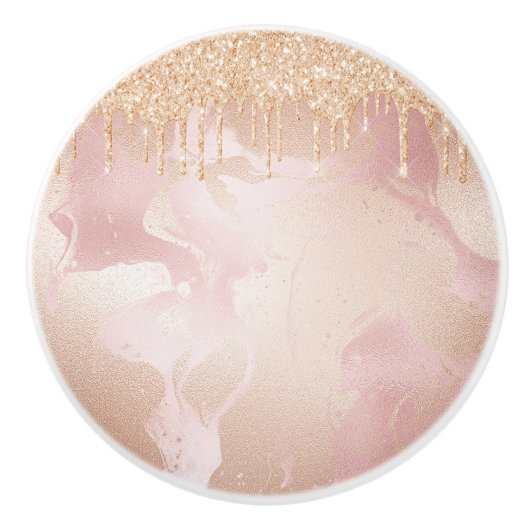 Rosegold Blush marble met Gold Glitter Droplets Keramische Knop (Voorkant)