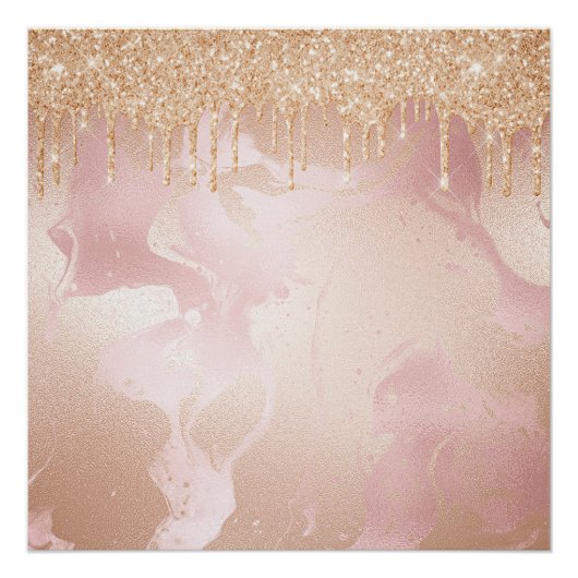 Rosegold Blush marble met Gold Glitter Droplets Perfect Poster (Voorkant)