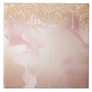Rosegold Blush marble met Gold Glitter Droplets Tegeltje