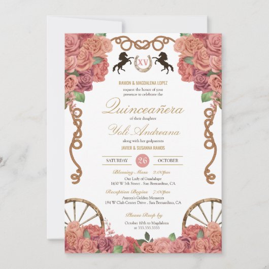 Rosegold Blush Roze Rose Charro Ranch Quinceañera Kaart (Voorkant)