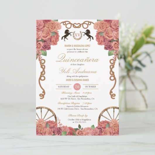 Rosegold Blush Roze Rose Charro Ranch Quinceañera Kaart (Staand voorkant)