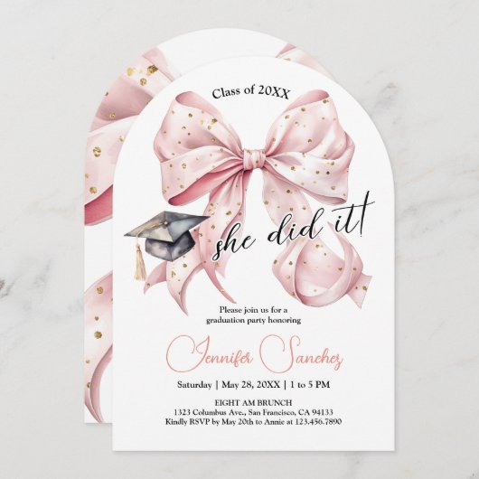 Rosegold Bow Afstuderen Arch Invitation Kaart (Voorkant / Achterkant)