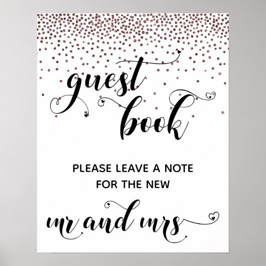 Rosegold Confetti Hearts Guest Book Reception Sign Poster (Voorkant)