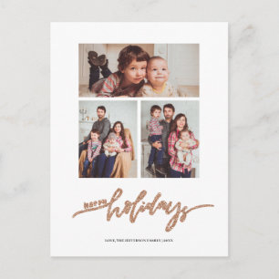 Rosegold Glitter Kerstmis 3 Foto Collage Holiday Briefkaart