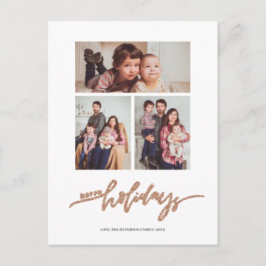 Rosegold Glitter Kerstmis 3 Foto Collage Holiday Briefkaart (Voorkant)