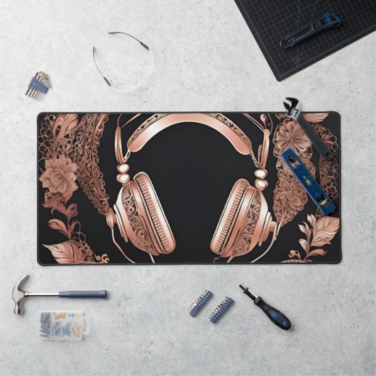 Rosegold Koptelefoons AI-kunst Bureaumat (Werkstation)