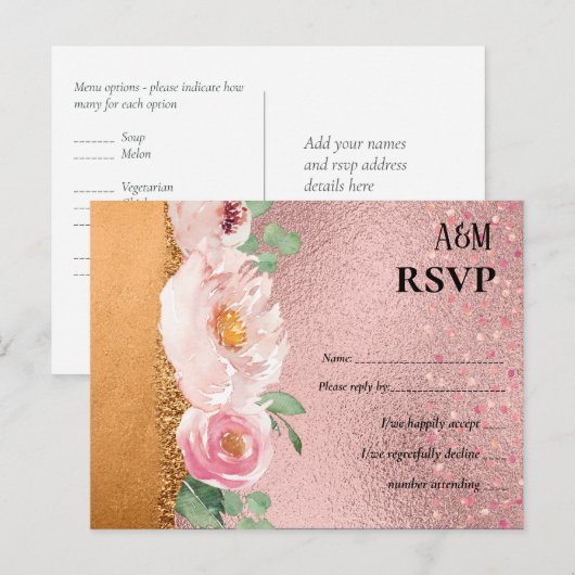 RoseGold Metallic Glitter Floral Folie Kijk bruilo Briefkaart (Voorkant / Achterkant)