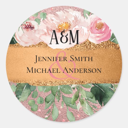 RoseGold Metallic Glitter Floral Folie Kijk bruilo Ronde Sticker (Voorkant)