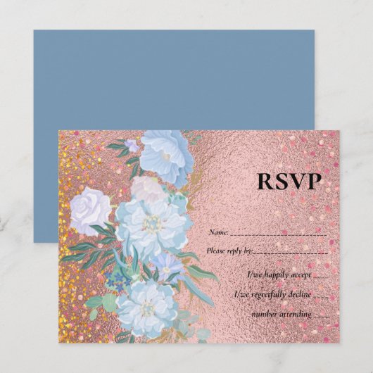 RoseGold Metallic Glitter Floral Folie Kijk bruilo Uitnodiging Briefkaart (Voorkant / Achterkant)