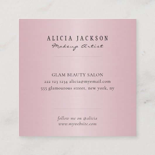 Rosegold roze metallic monogram make-up artiest vierkante visitekaartje (Achterkant)