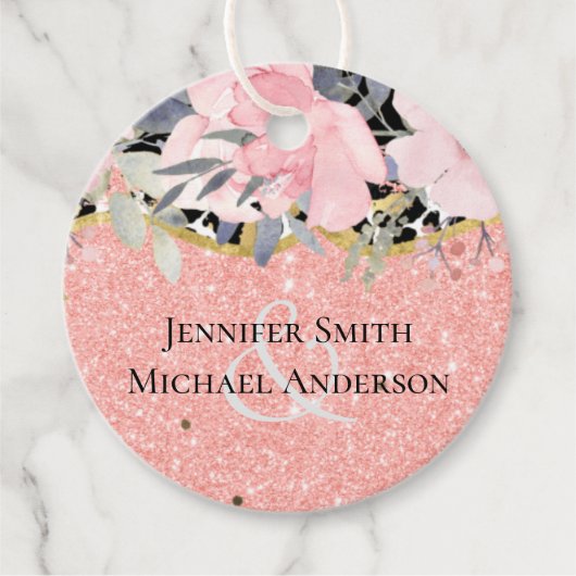 Rosegold TROUW Meisjesachtig Roze Bloem Glitter Gl Bedankjes Labels (Voorkant)