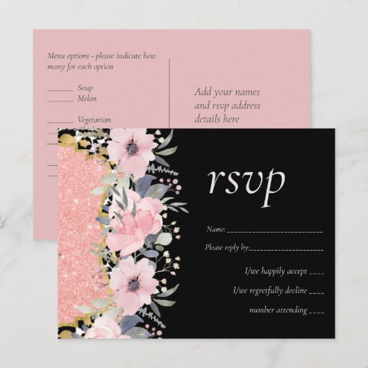 Rosegold WEDDING Girly Pink Floral Glitter Glam Briefkaart (Voorkant / Achterkant)