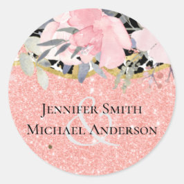 Rosegold WEDDING Girly Pink Floral Glitter Glam Ronde Sticker