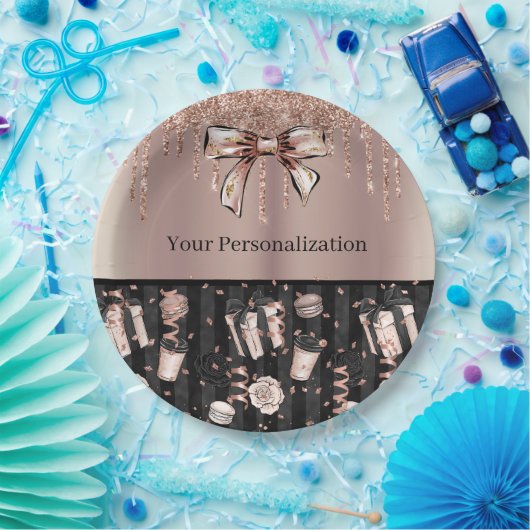 Rosegold & Zwart met Glitter, Bogen & Lint Papieren Bordje (Feest)
