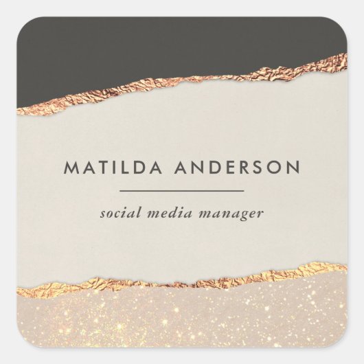 Roségoud glitter zwart roze modern vierkante sticker (Voorkant)