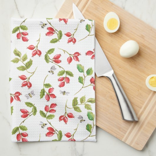 Rosehip en bee teatowel theedoek (Quarter Fold)