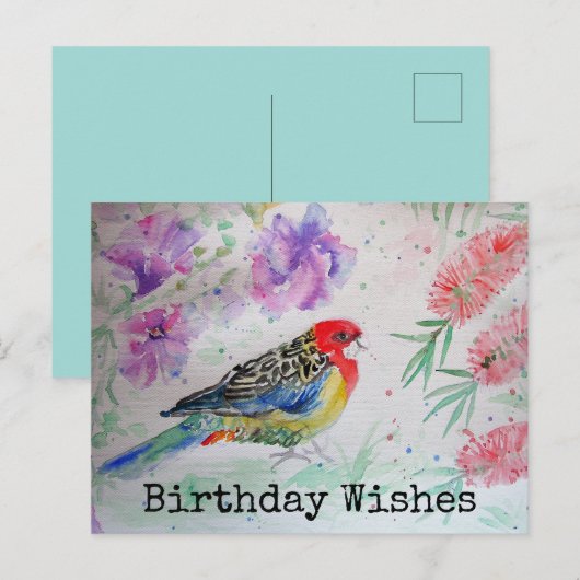 Rosella Papegaai met Flessenborstel Verjaardagskaa Briefkaart (Voorkant / Achterkant)