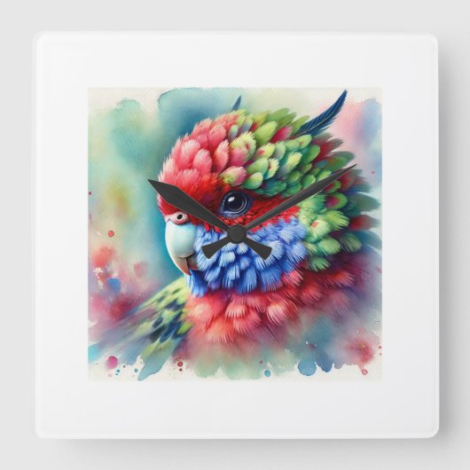 Rosella Parrot 220824AREF151 - Watercolor Vierkante Klok (Voorkant)