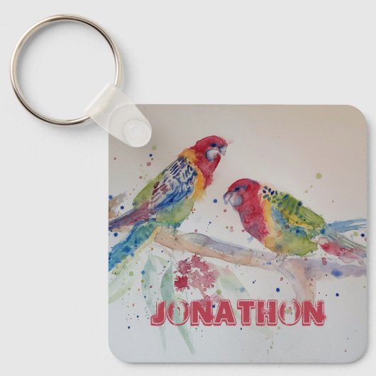 Rosella Parrot Bird Waterverf Boys Name Key Ring Sleutelhanger (Voorkant)