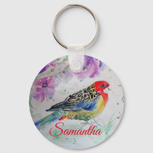 Rosella Parrot Bird Waterverf Girls Name Key Ring Sleutelhanger (Voorkant)