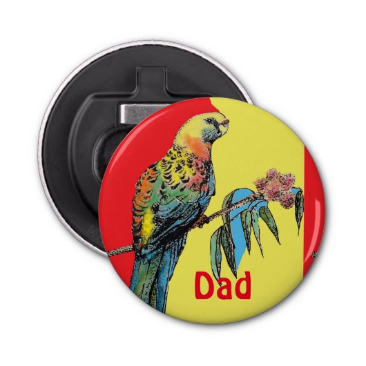 Rosella Parrot Waterverf Papa naam Button Flesopener (Voorkant)