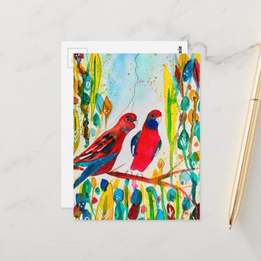 Rosella vogels in de waterverf kunst briefkaart (Voorkant / Achterkant in situ)