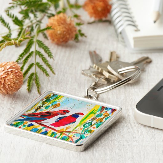 Rosella vogels in de waterverf kunst sleutelhanger (Zijkant)